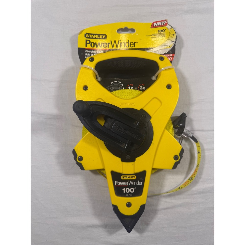 Stanley Tape Measure 100' Yellow NEW PowerWinder 34-760 Fiberglass Blade